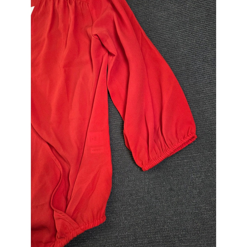 New York & Company Blouse Women Medium Red Faux Wrap V-Neck 3/4 Sleeve New - Picture 6 of 9